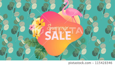 Summer sale over orange banner and flamingo against leaves on green background 115428346