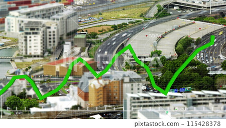 Image of green line and financial data processing over cityscape 115428378