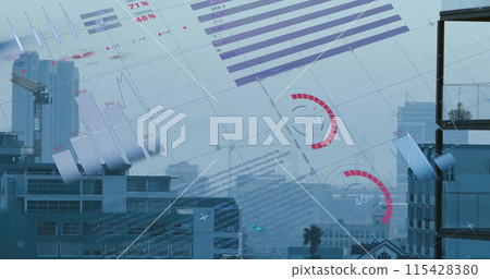 Image of financial data processing over cityscape 115428380