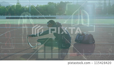 Image of digital data processing over disabled male athlete with running blades on racing track 115428420