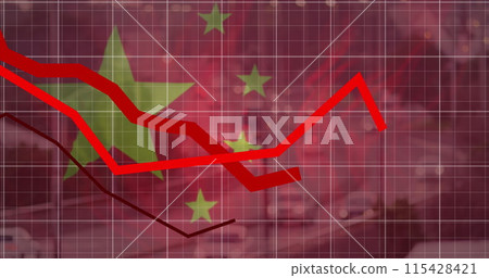 Image of red lines, flag of china and financial data processing over cityscape 115428421