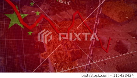 Image of red line, flag of china and financial data processing over factory 115428424