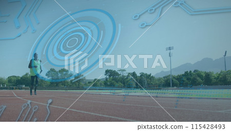 Image of digital data processing over disabled male athlete with running blades on racing track Image of digital data processing over disabled male athlete with running blades on racing track 115428493