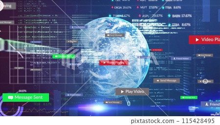 Image of social media text on banners over data processing and globe 115428495