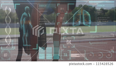 Image of digital data processing over disabled male athlete with running blades on running track 115428526