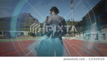 Image of digital data processing over disabled male athlete walking on racing track 115428529