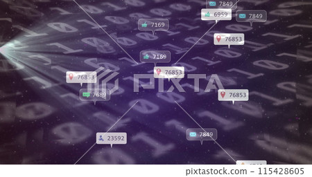 Image of social media icons on banners over binary coding Image of social media icons on banners over binary coding 115428605
