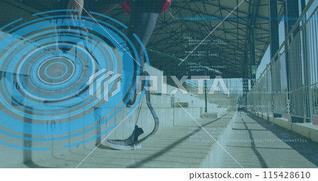 Image of digital data processing over disabled male athlete walking in stands of sports stadium 115428610