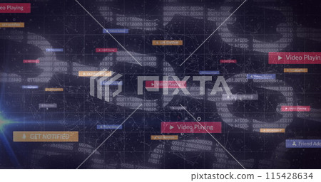 Image of social media icons on banners over online security chains Image of social media icons on banners over online security chains 115428634