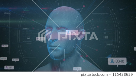 Image of social media icons on banners over human head 115428639