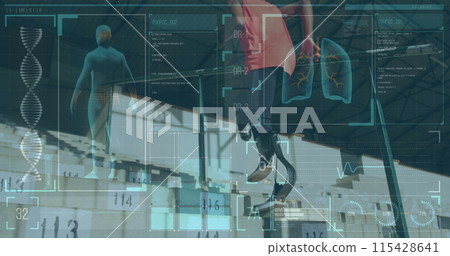 Image of digital data processing over disabled male athlete with running blades in stadium Image of digital data processing over disabled male athlete with running blades in stadium 115428641