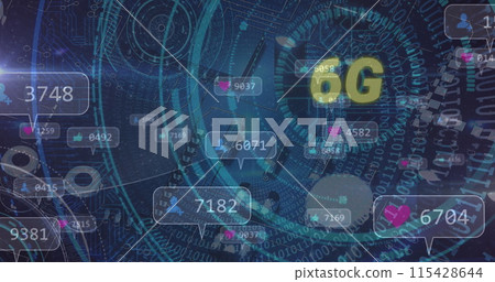 Image of 6g text, social media icons on banners over data processing and scope scanning Image of 6g text, social media icons on banners over data processing and scope scanning 115428644