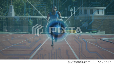 Image of digital data processing over disabled male athlete with running blades on running track 115428646