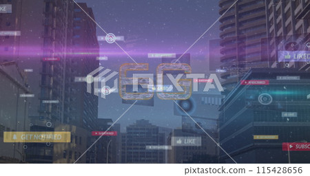 Image of 6g text, social media icons on banners over data processing and cityscape 115428656