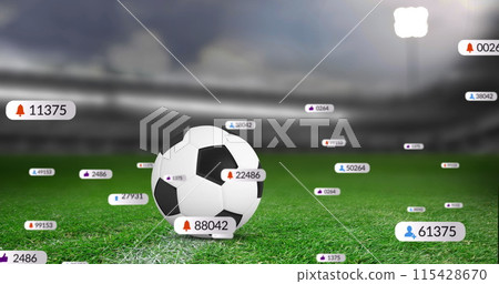 Image of social media icons on banners over football on pitch 115428670