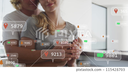 Image of social media icons on banners over caucasian couple in love embracing on balcony Image of social media icons on banners over caucasian couple in love embracing on balcony 115428703