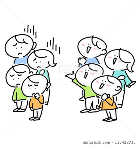 Smiling family looking up into the distance, Depressed family, People, Banzai, Happiness, Unhappiness, Simple and cute line drawing illustration 115428733