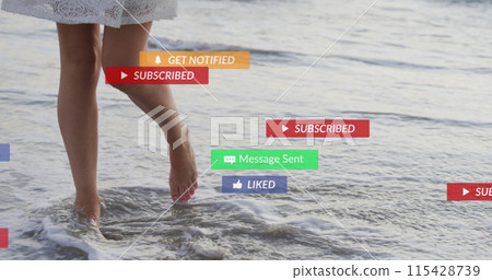 Image of social media notifications over legs of woman on holiday paddling in the sea Image of social media notifications over legs of woman on holiday paddling in the sea 115428739
