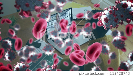 Image of covid 19 cells and red blood cells over businesswoman using laptop Image of covid 19 cells and red blood cells over businesswoman using laptop 115428743