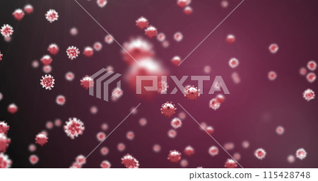 Image of covid 19 cells floating over red background 115428748