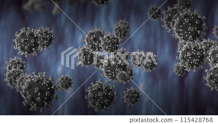 Image of covid 19 cells floating over purple background 115428768