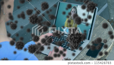 Image of covid 19 cells over businesswoman on laptop image call 115428783