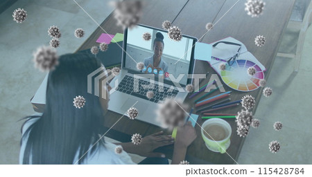 Image of covid 19 cells over businesswoman on laptop image call 115428784
