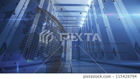 Data processing over spinning globe against computer server room Data processing over spinning globe against computer server room 115428794