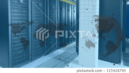 Data processing over spinning globe and world map against computer server room Data processing over spinning globe and world map against computer server room 115428795