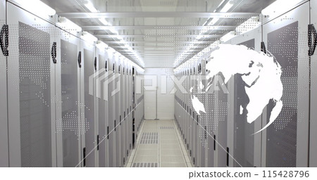 Data processing over spinning globe and world map against computer server room Data processing over spinning globe and world map against computer server room 115428796