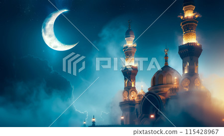 An illustration of a mosque stands majestically at night, illuminated softly by a crescent moon light. The serene beauty and spiritual significance of a mosque at night. Generative AI. An illustration of a mosque stands majestically at night, illuminated softly by a crescent moon light. The serene beauty and spiritual significance of a mosque at night. Generative AI. 115428967