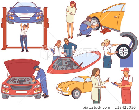 Car repair workers. Auto garage service, mechanics inspect wheels on station, motor, oil and tire change process, equipment and client in workshop, cartoon flat isolated illustration, vector set 115429036