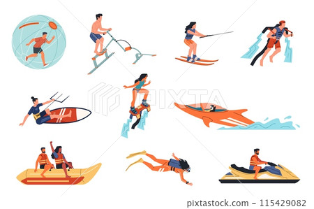 Extreme water activities. Sea lifestyle people, summer sport leisure, wakeboarding, surfing, canoeing and flyboarding, Beach summer leisure cartoon flat style isolated nowaday vector set 115429082