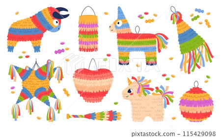 Mexican holiday pinatas. Color paper kids party decorations, colofrul animal, heart, ball shapes with confetti, birthday celebration, fiesta carnival, cartoon flat isolated vector set 115429098