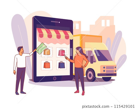 People in online store. Happy couple select and pay for purchases with card in mobile application, internet shopping process, delivery truck, cartoon flat isolated vector concept People in online store. Happy couple select and pay for purchases with card in mobile application, internet shopping process, delivery truck, cartoon flat isolated vector concept 115429101