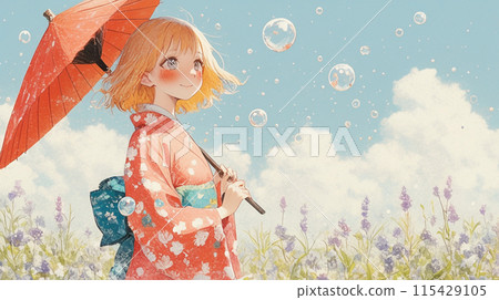 A girl in a kimono walking through a lavender field 115429105
