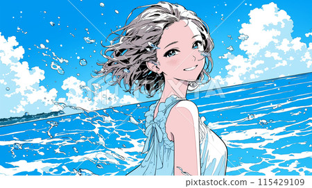 Okinawa's sea, sky and young girl 115429109