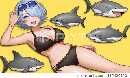 Surreal background with bikini girls and sharks Surreal background with bikini girls and sharks 115429110