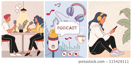 Podcast streaming. Audio recording process, interview broadcast on live, listeners, presenters and guests studio, people with headphones, bloggers entertainment show, vector cartoon flat set 115429111
