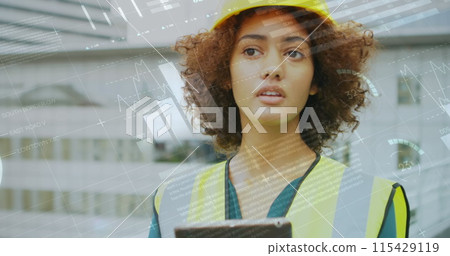 Image of statistics processing over female architect using tablet at construction site 115429119