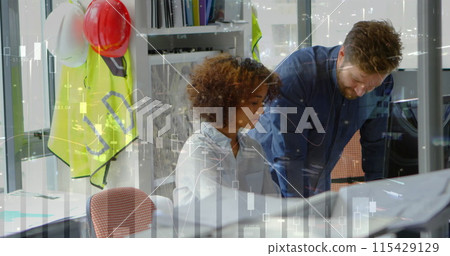 Image of data processing with statistics over male and female architects talking 115429129
