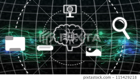 Image of ai chat and data processing over light trails and grid 115429218