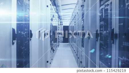 Image of digital clouds with arrows and data processing over computer servers 115429219