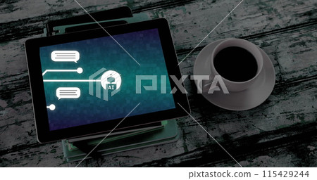 Image of ai chat and data processing over tablet screen on desk 115429244