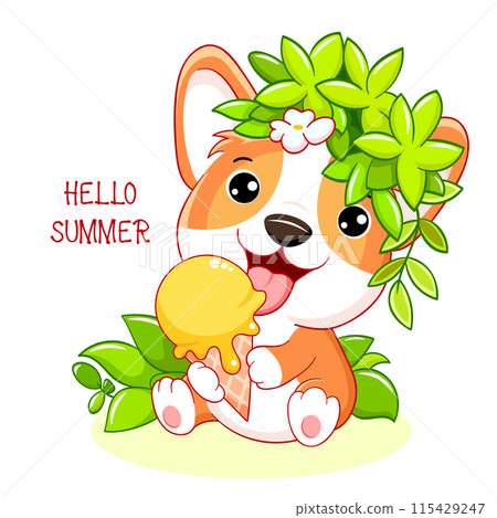 Cute season card in kawaii style. Little corgi puppy with ice cream and green leaves. Inscription Hello summer. Can be used for t-shirt print, stickers, greeting card design. Vector illustration EPS8 Cute season card in kawaii style. Little corgi puppy with ice cream and green leaves. Inscription Hello summer. Can be used for t-shirt print, stickers, greeting card design. Vector illustration EPS8 115429247