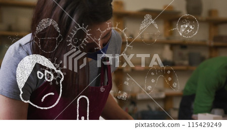 Image of virus icons over caucasian woman with face mask forming pottery 115429249