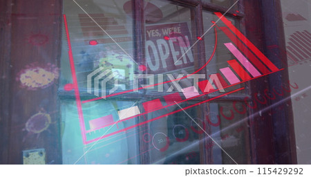 Image of virus cells and diagram over caucasian woman with face mask opening shop 115429292