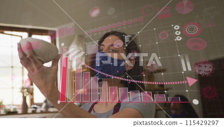 Image of covid 19 cells and statistics over woman working in pottery studio wearing face mask 115429297