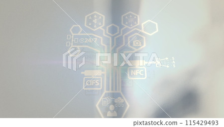 Network of digital icons against warehouse in background Network of digital icons against warehouse in background 115429493