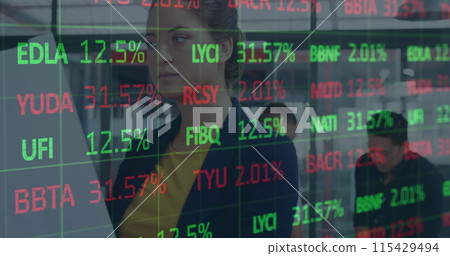 Image of financial data processing over business people Image of financial data processing over business people 115429494